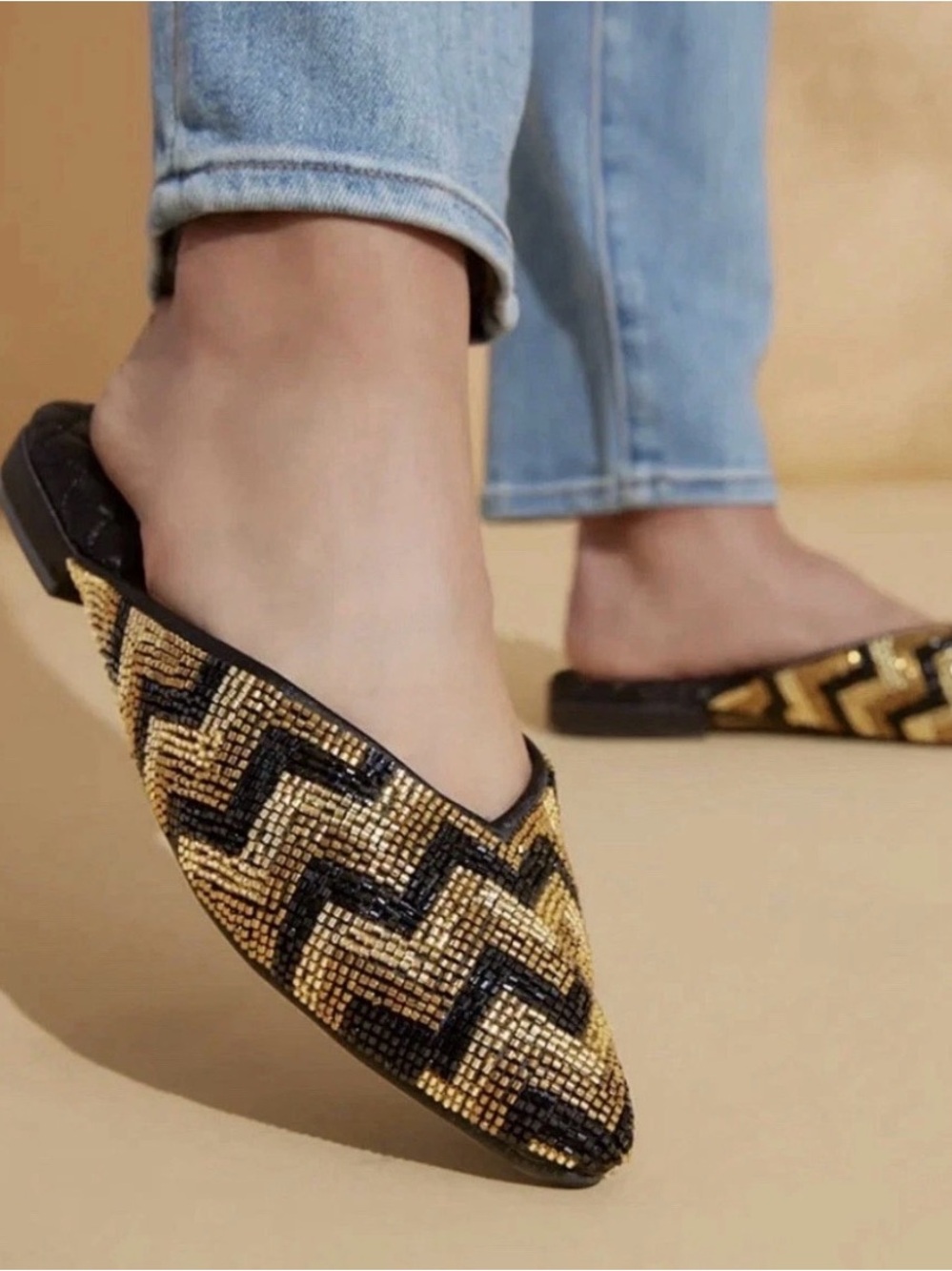 Birdies Swan Mule Black and Gold Deco Beaded Chevron Satin Flats Size 7.5 NWOB
